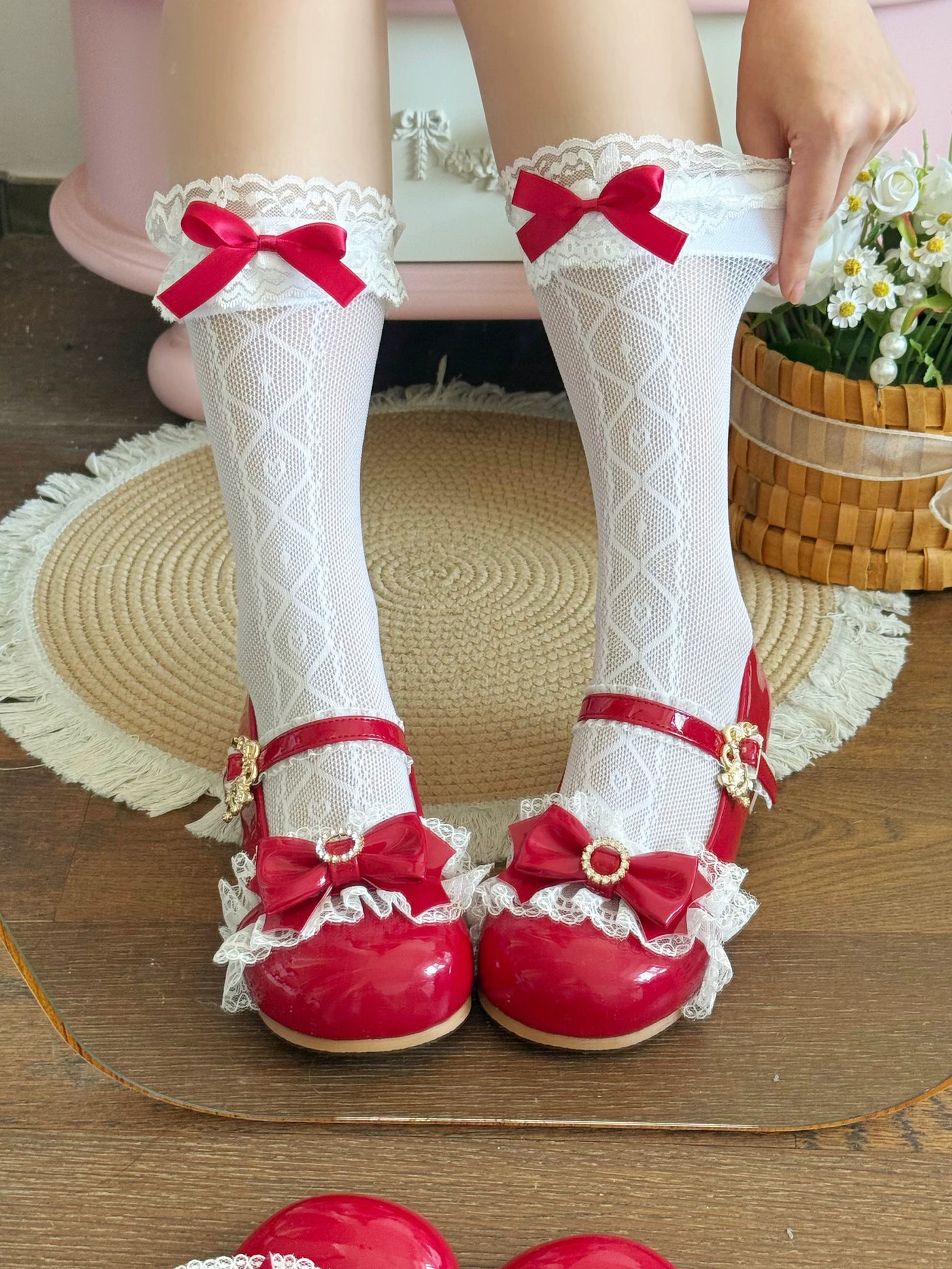 Fantasy Doll - Diamond Lace - Mid-Calf Socks with Lace Cuffs