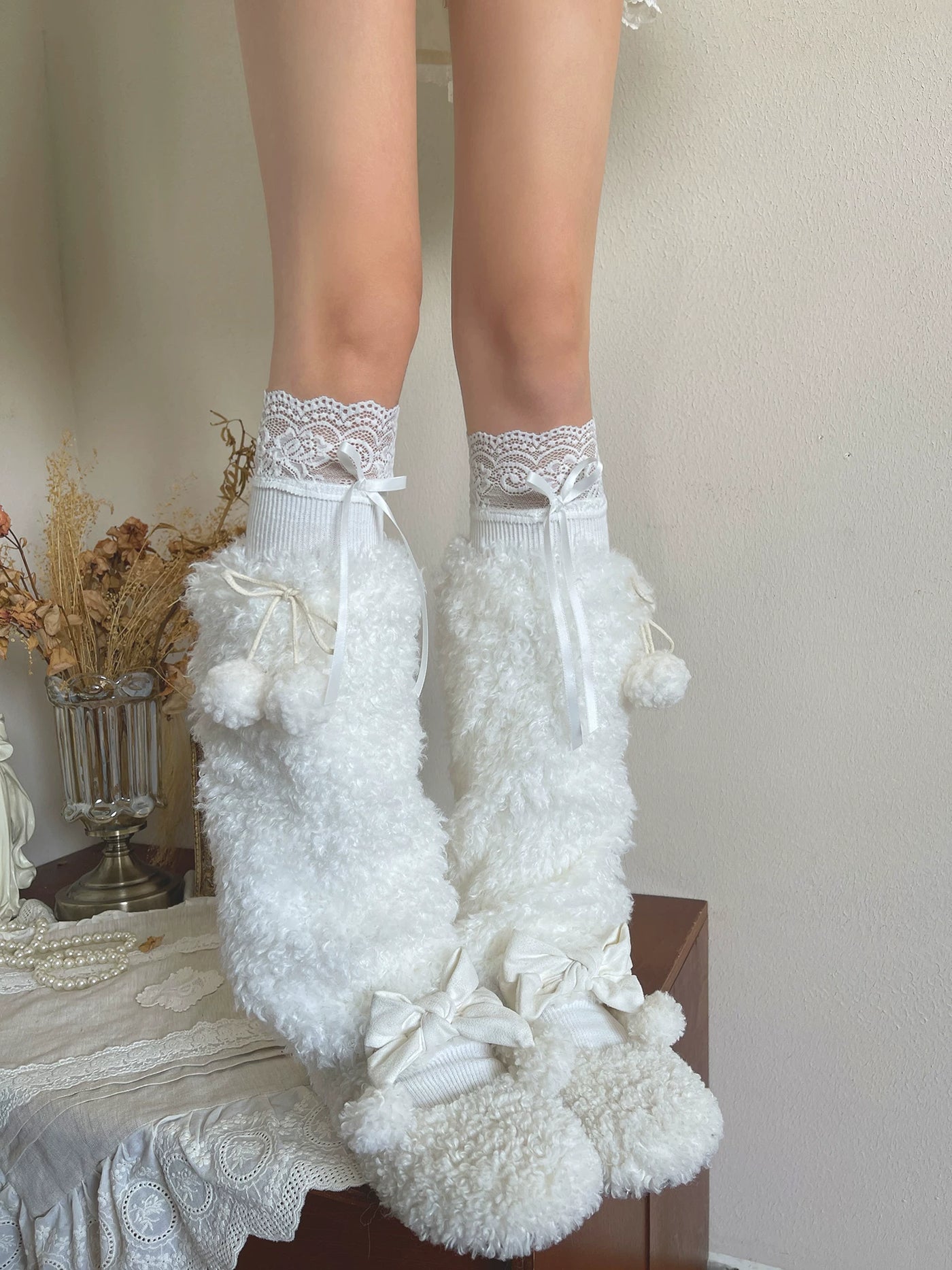 Sock Noble - Winter Pom-Pom Plush - White Socks and Sock Covers with Plush Pom-Pom Accents