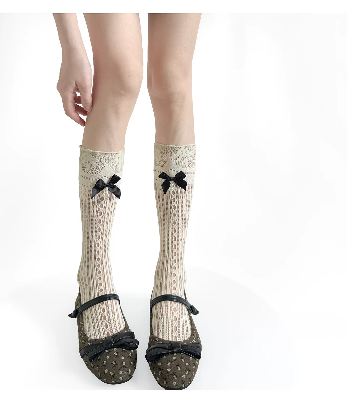 Fantasy Doll - Sweet Pearl Mesh - Calf Socks with Openwork Mesh and Bow Detail