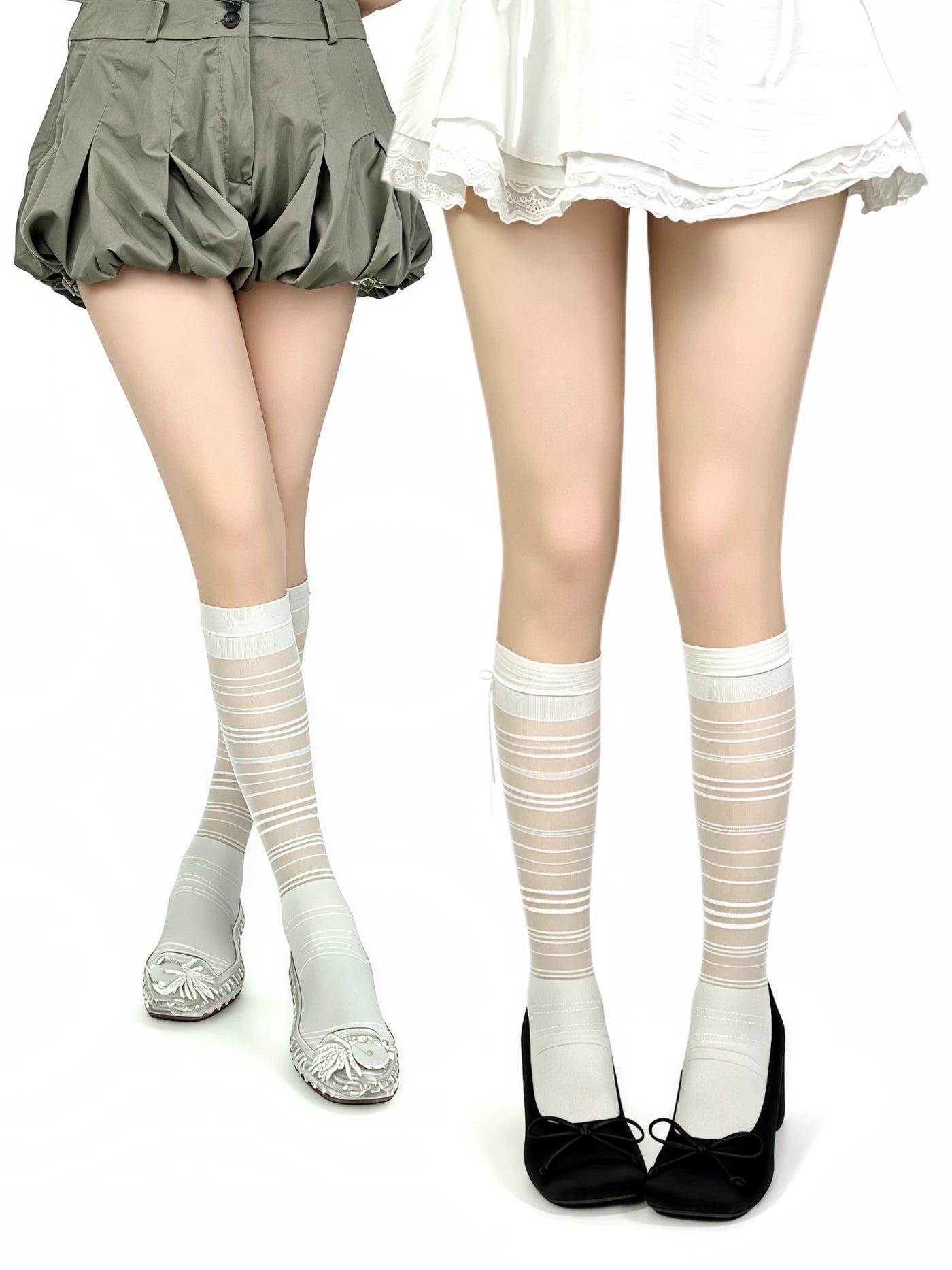 White Socks - Miu Stripe - Striped Mesh Mid-Calf Socks with Scrunched Cuffs