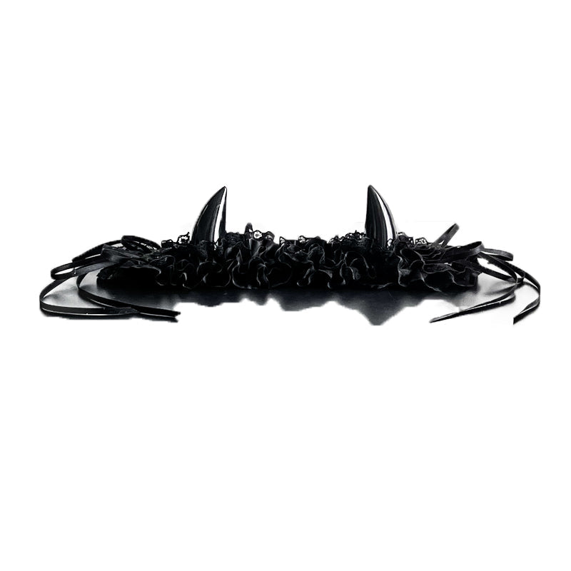 Black ruffled lace devil-horn hairband with rose accents and trailing ribbons.