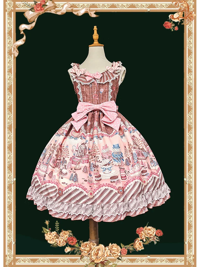 Candy House - Old School Lolita Cake Print JSK Dress, Side Zipper Brown JSK Only S