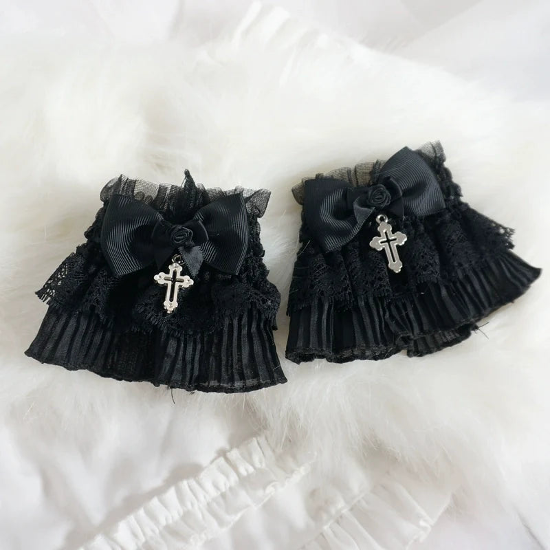 MaoJiang Handmade - Gothic Lolita Cuffs Black Rose Lace - Cross Stretch Handcuff Hand Accessory