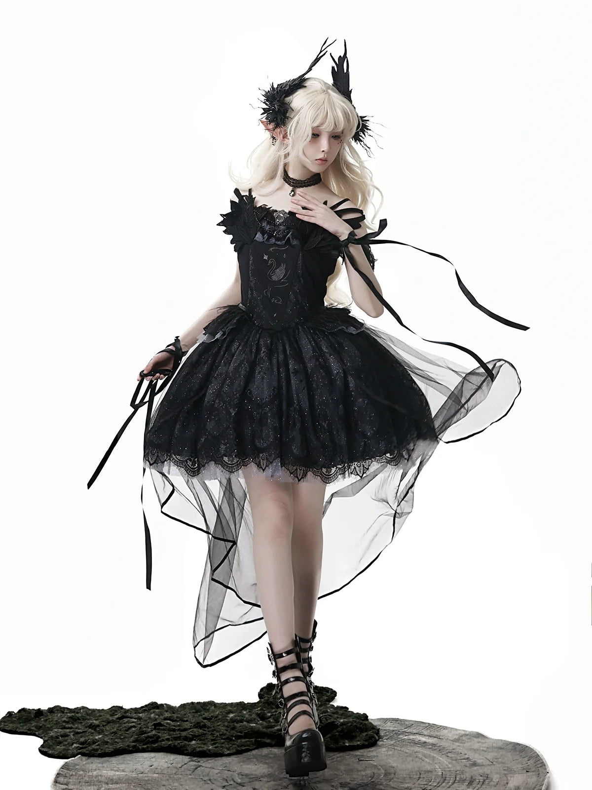 Your Princess - Star Swan Dream - Black Gothic Lolita JSK Dress, Swan Embroidery