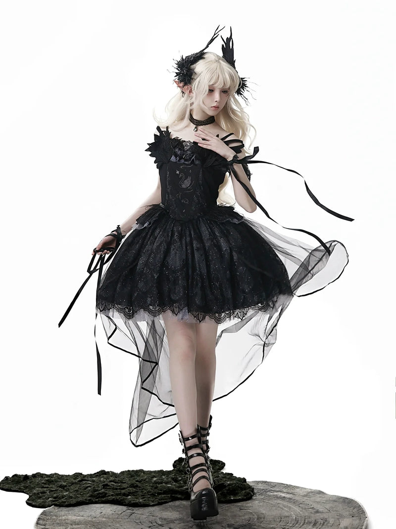 Your Princess - Star Swan Dream - Black Gothic Lolita JSK Dress, Swan Embroidery