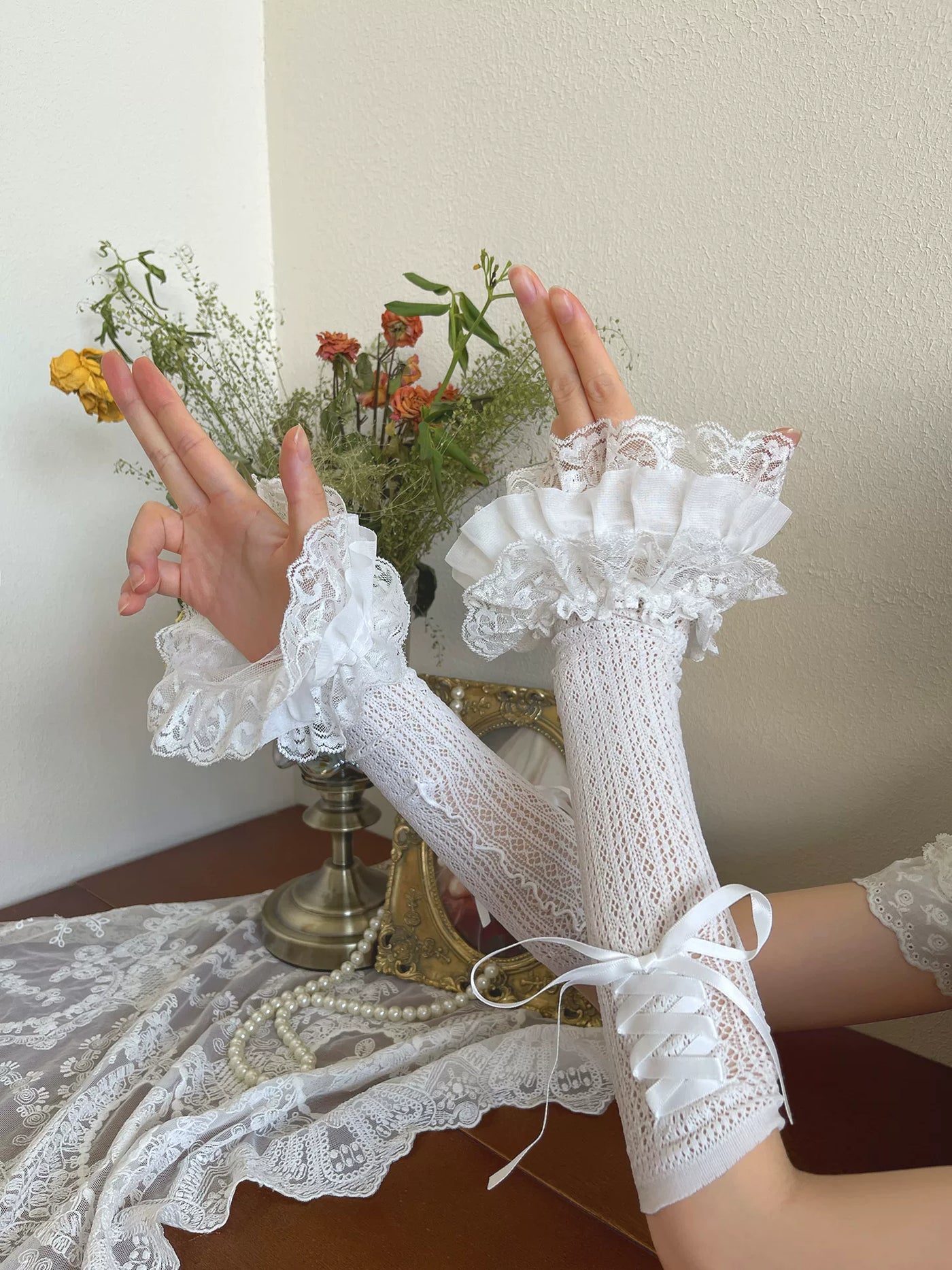 Sock Noble - Ballet Ribbon Lace - Lace Hand Sleeves with Tiered Ruffle Cuffs