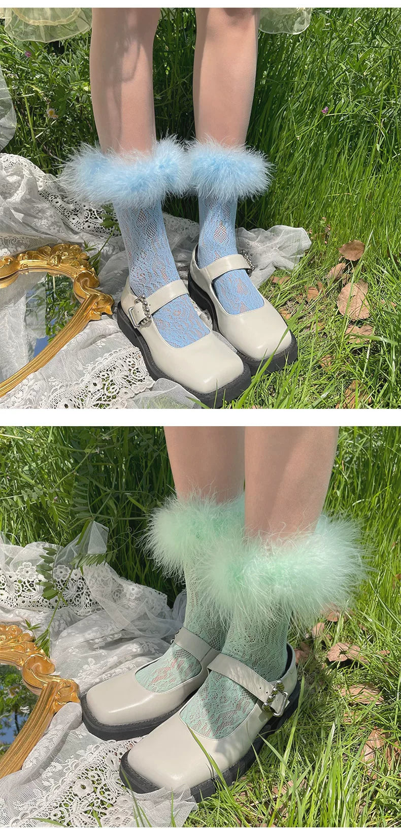 Sock Noble - Y2K Fluffy Lace - Mid-Calf Socks with Fluffy Cuffs