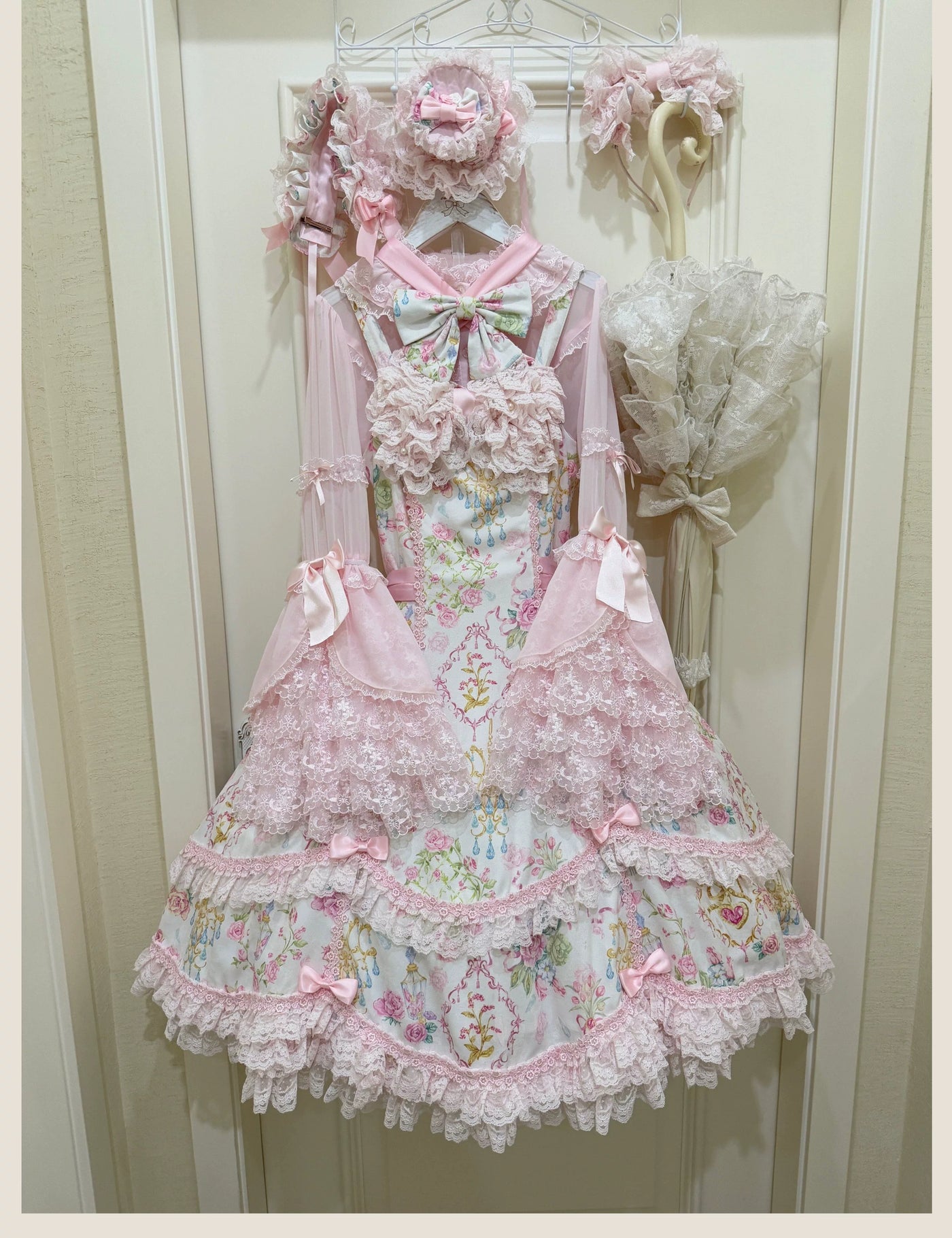 Tata Long Ear - Spring 2025 Floral Wall - Floral Print JSK Dress with Layered Lace Ruffles