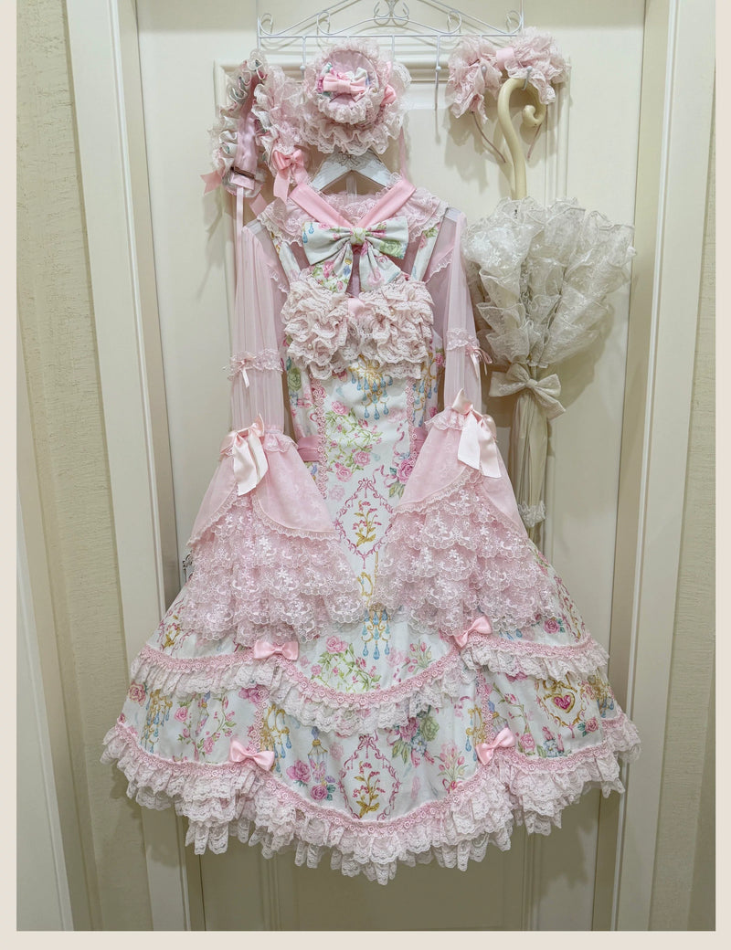 Tata Long Ear - Spring 2025 Floral Wall - Floral Print JSK Dress with Layered Lace Ruffles