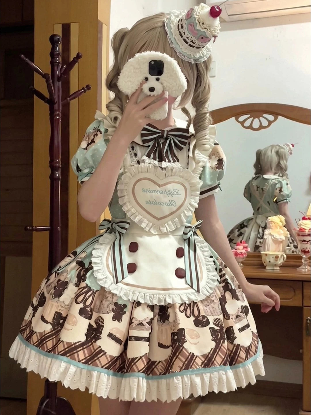Sweet Lolita OP dress with peppermint chocolate and teddy bear print, heart-shaped apron, and striped neck bow