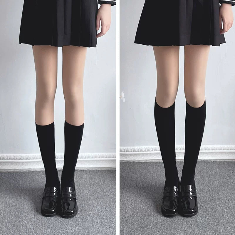 Floral Milk Cat - Black Multi-Length - Thin Heelless Socks in Four Lengths