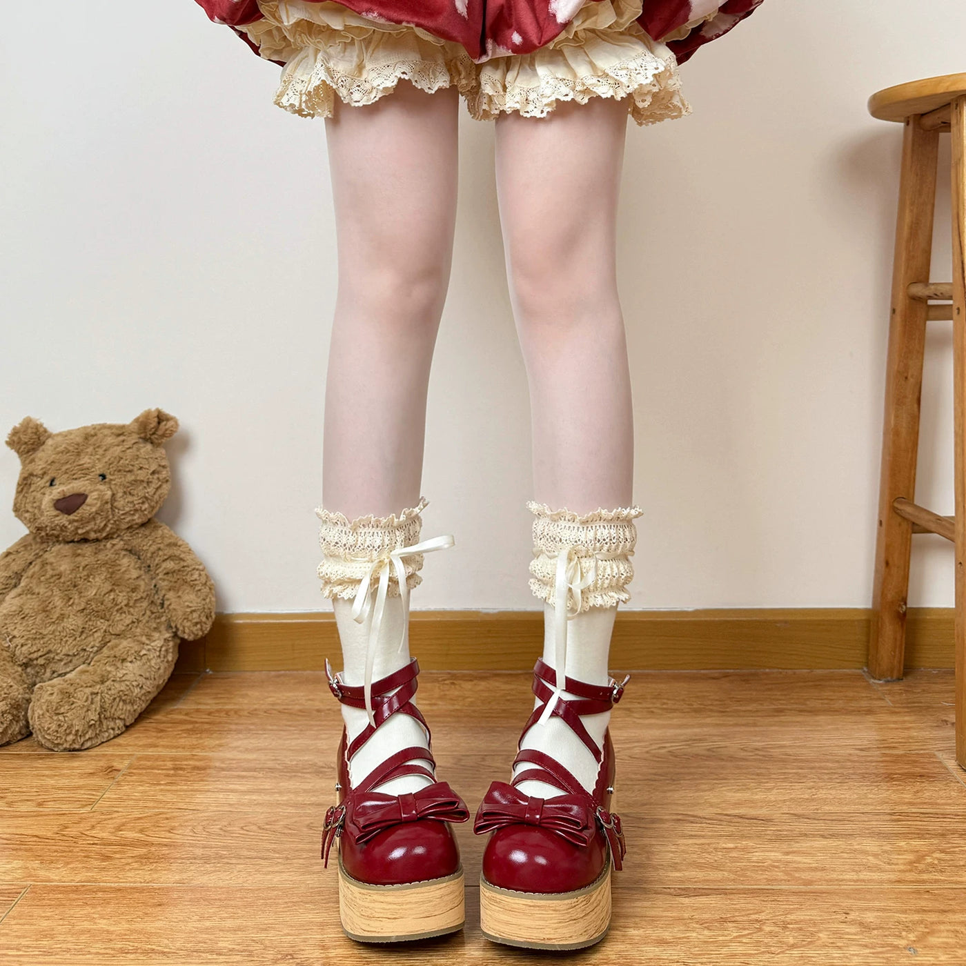 Chubby Bear Tales - Caramel Cocoa - Lace-Ruffle Socks with Ribbon Bows