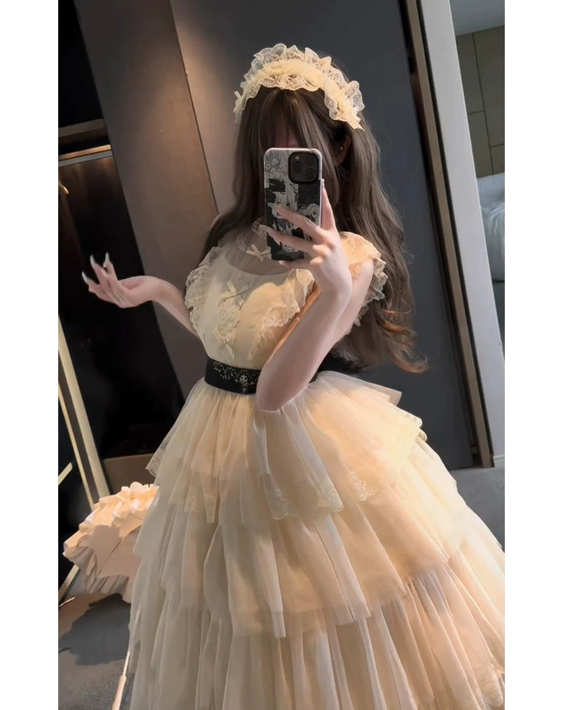 Creamy - Natural Cream - OP dress with a tiered cake skirt and belt