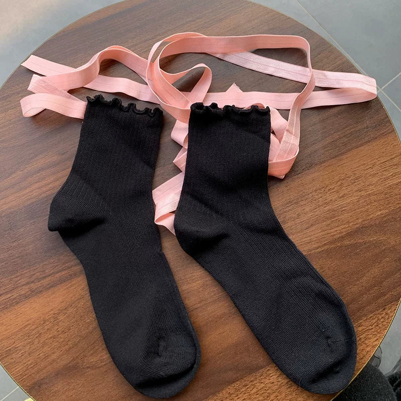 Floral Milk Cat - Cross-Strap Y2K - Thin Calf Socks with Criss-Cross Tie Straps
