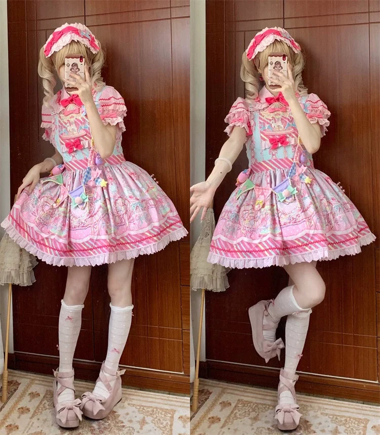 Letters from Unknown Star - Candy Park - Sweet Lolita Carnival Printed JSK & Salopette Dress