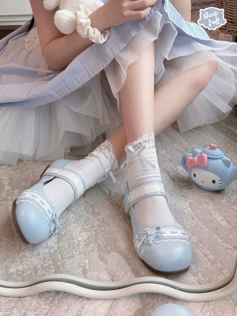 Sheep Puff Classic Heart Bow Lolita shoes with low heels, featuring a cute heart bow design and pastel pink color.