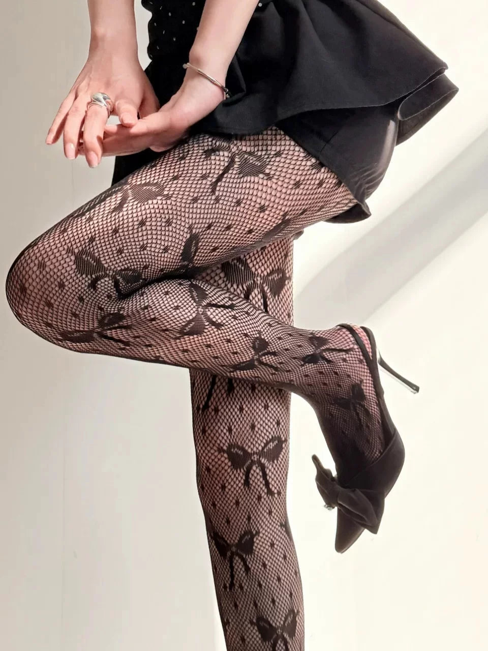Fantasy Doll - French Bow Fishnet - Black, White, or Red Bow-Pattern Tights