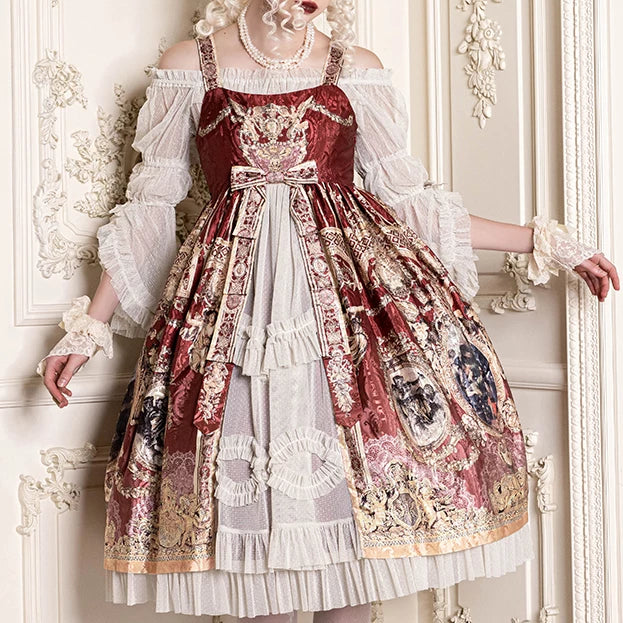 Model wearing a sheer point-dot inner blouse beneath an ornate Lolita dress.