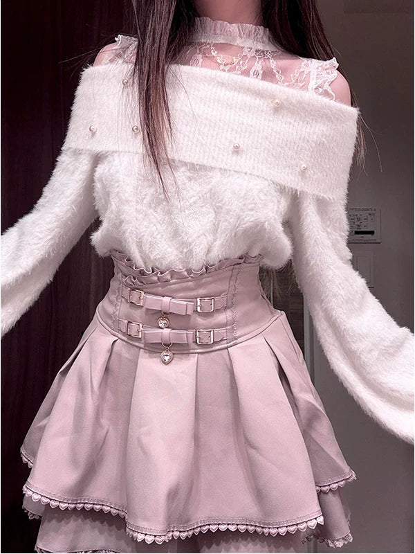 Off-white off-shoulder textured top with light pink pleated high-waist skirt