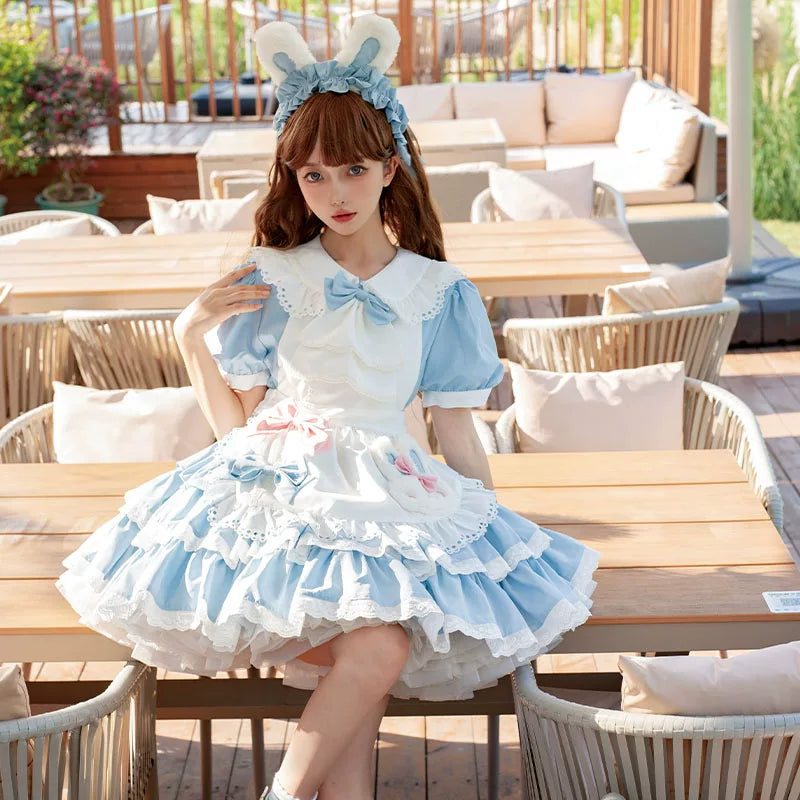 Leopard Cat OP Maid dress by Lolita Fetch featuring a cute leopard print, with ruffled details and classic maid style.