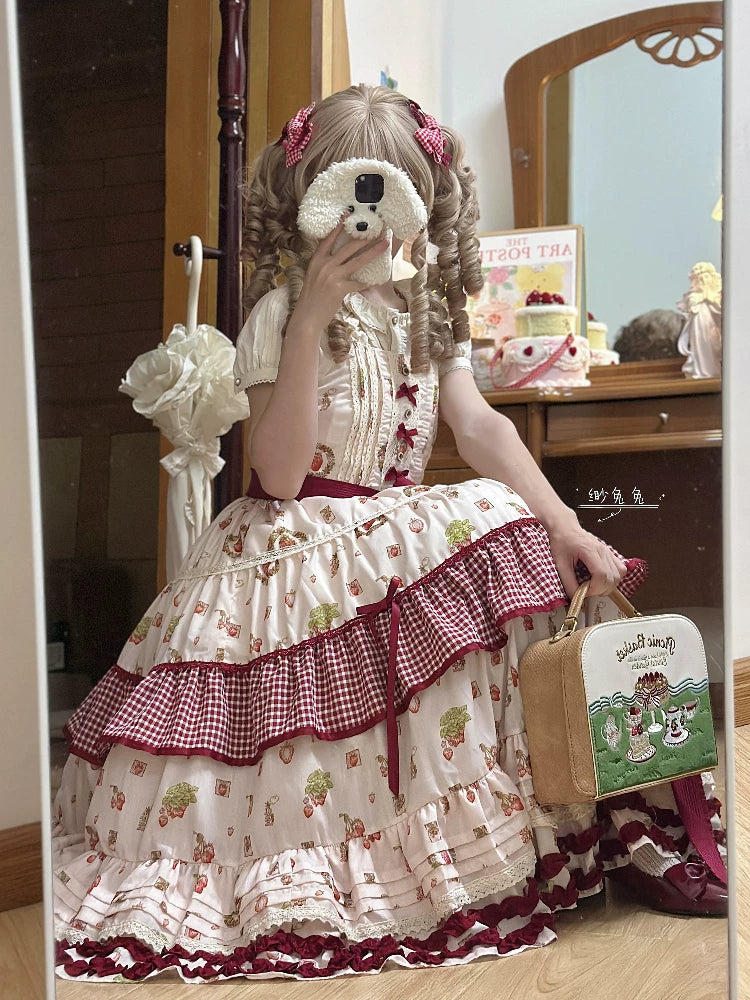 White Tea Story - Strawberry Print Tiered Classical Lolita - Longline