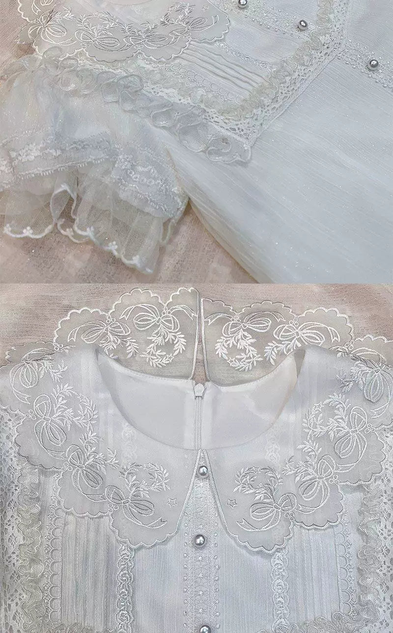 Sweetheart Dream Machine - Starry Cloud Twin Rabbit - Crew-Neck Short-Sleeve Blouse with Lace Bib