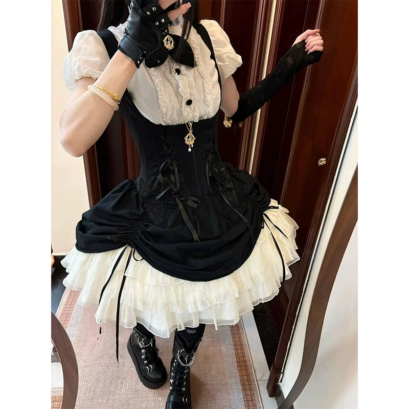 Creamy - Black Bunny - JSK with an ivory ruffled skirt and rabbit-ear hat