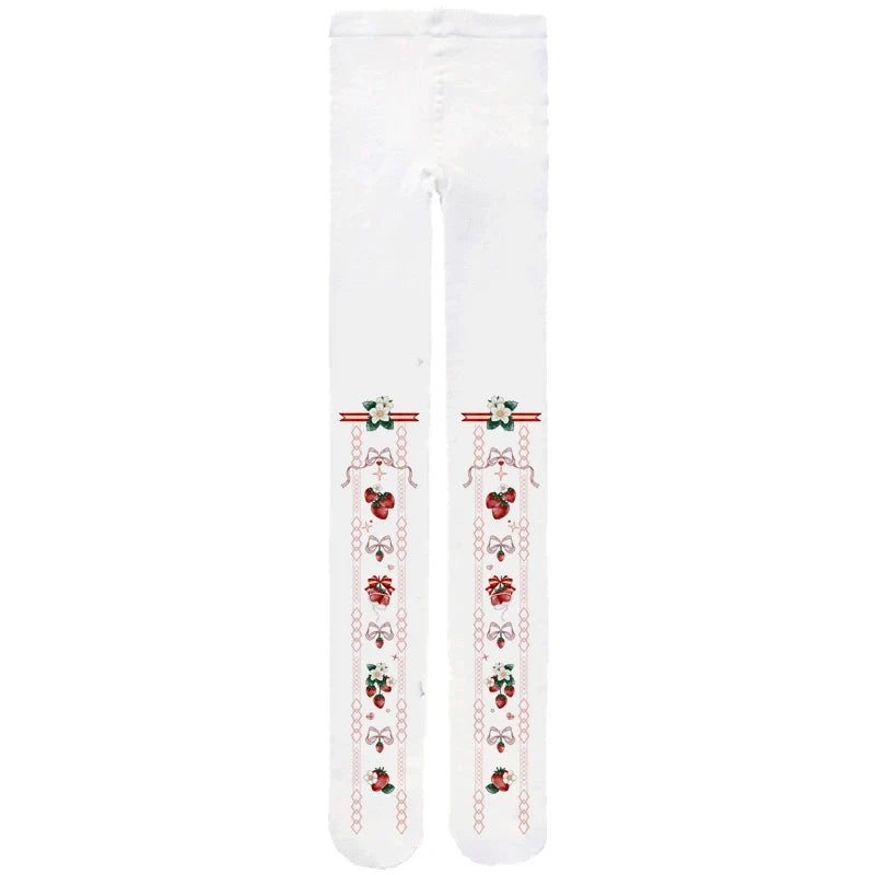 White tights with strawberry, bow and floral prints