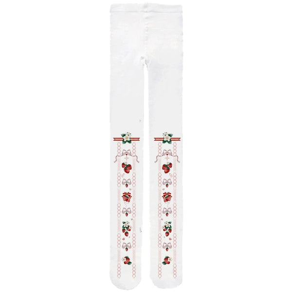 White tights with strawberry, bow and floral prints