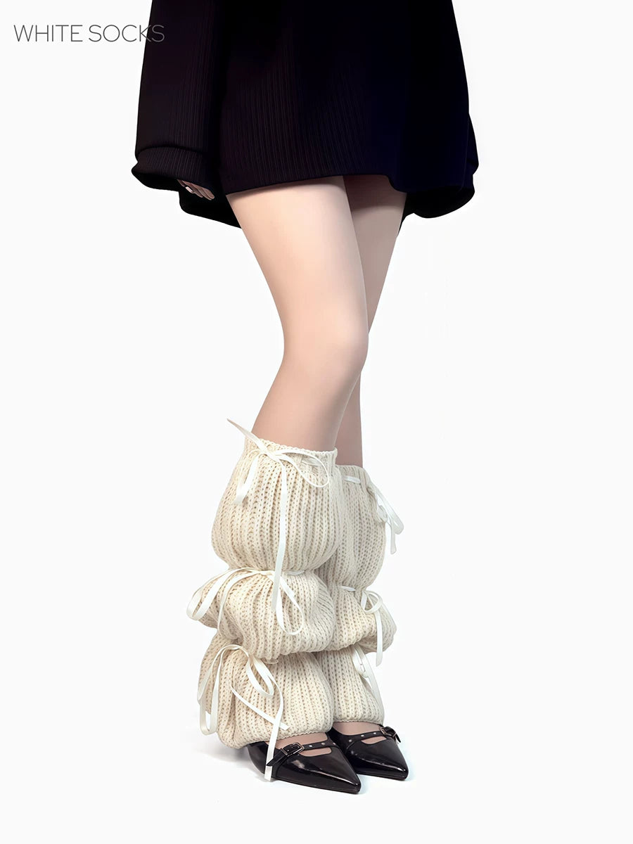White Socks - Ballet Ribbon - Scrunched Knit Socks with Ribbon Ties