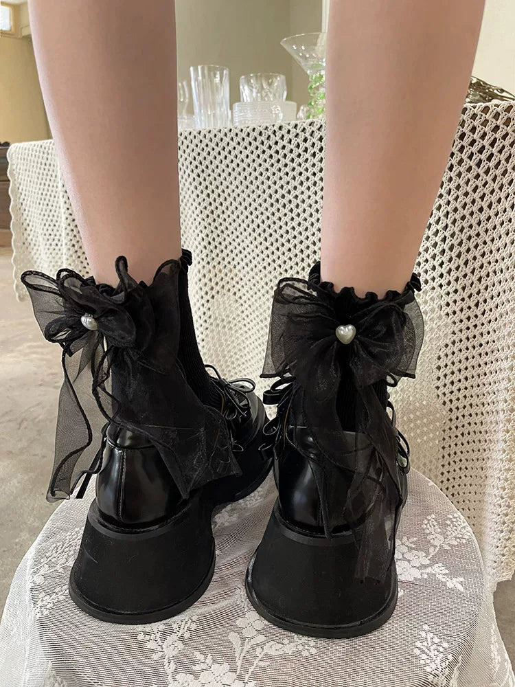 Sock Noble - Heart Bow - Sheer-Bow Ankle Socks with Heart Detail