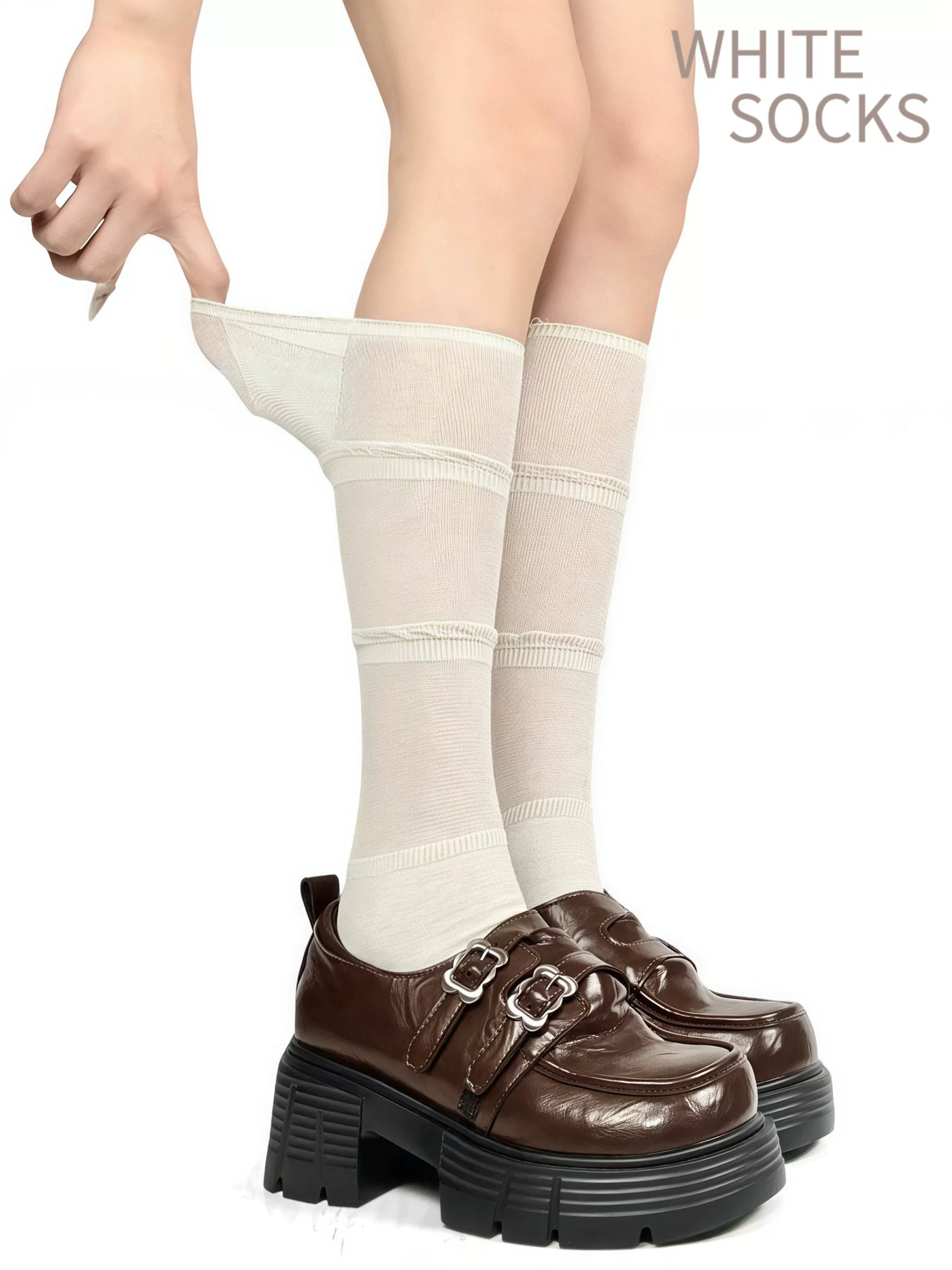 White Socks - Ruffle Slouch - Slouch Mid-Calf Socks with Ruffle Bands