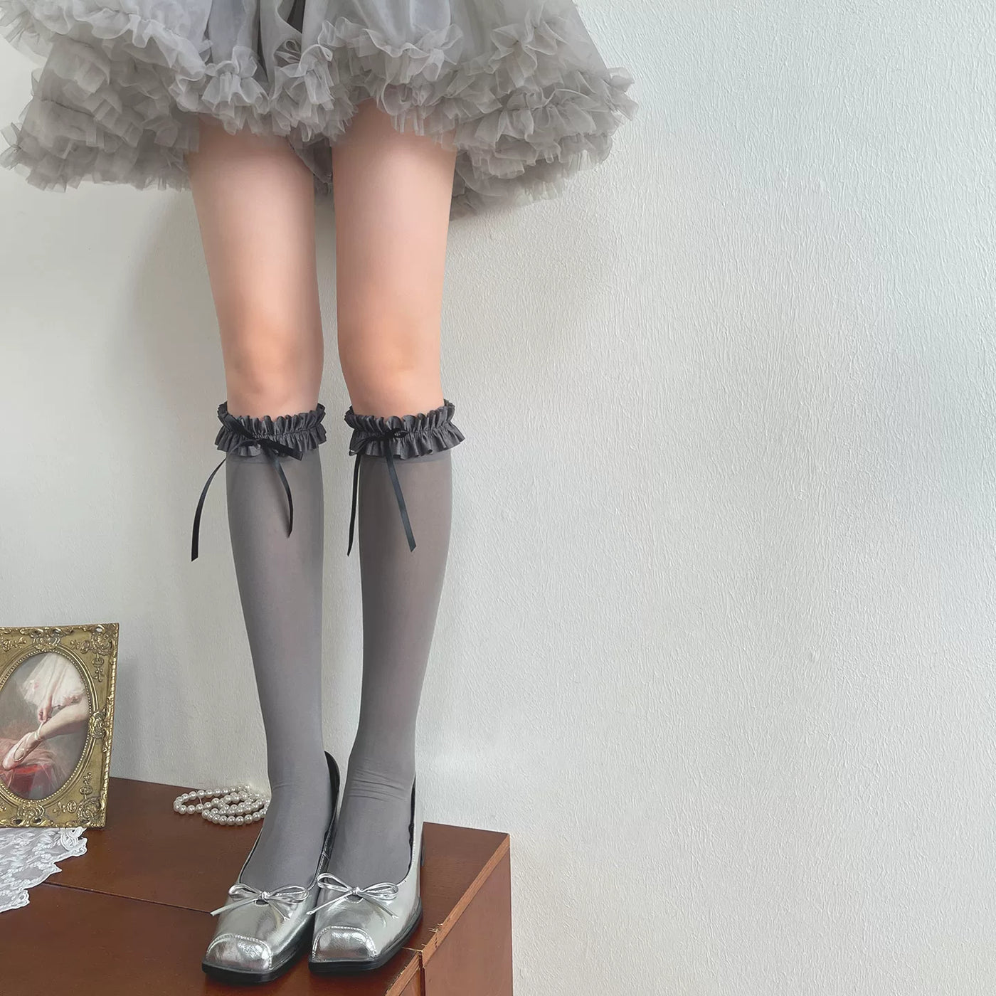 Sock Noble - Gray Ruffle - Over-the-Knee or Mid-Calf Socks with Ruffled Bow Cuffs