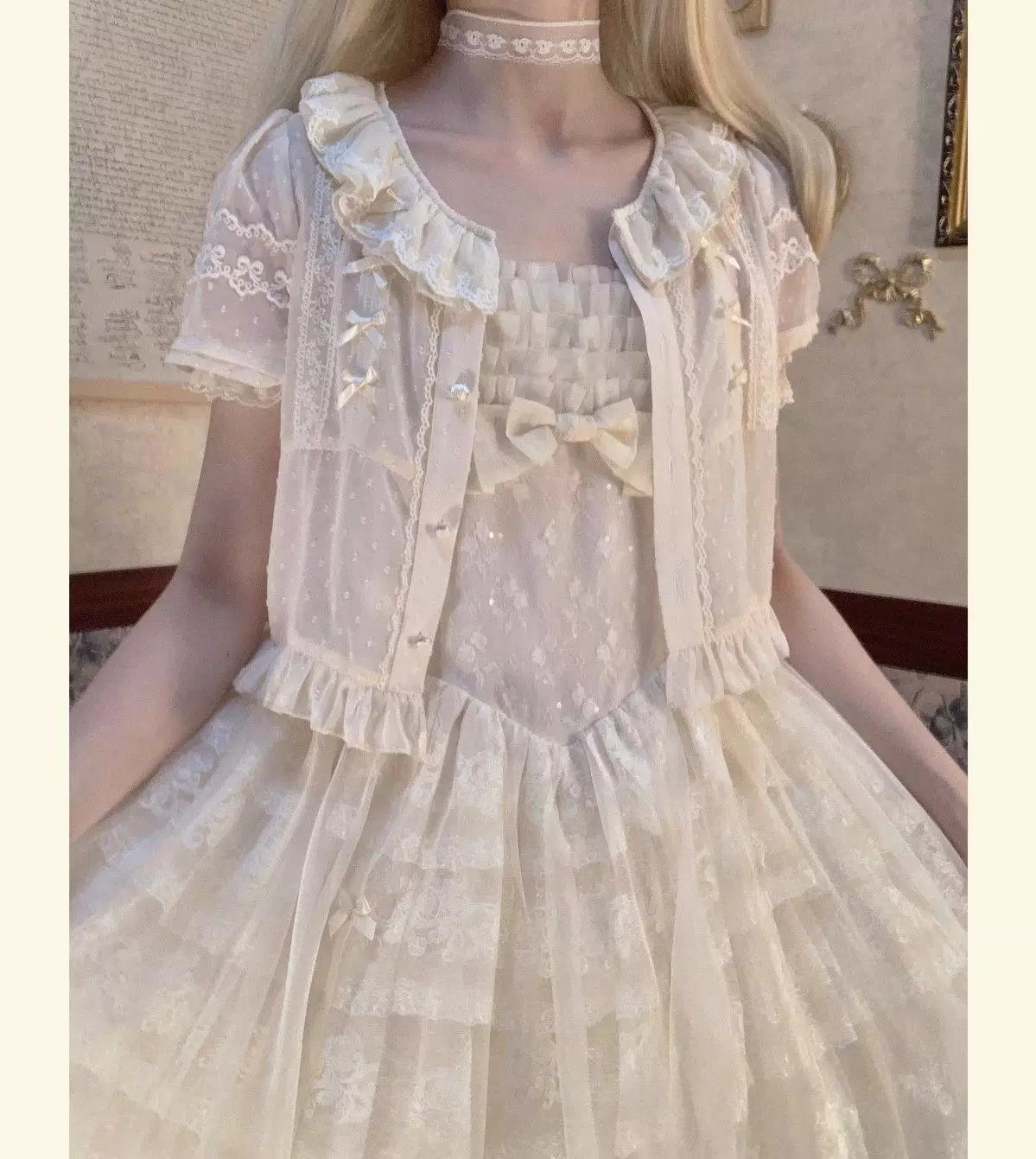 Sweetheart Dream Machine - Embroidered Dot Blouse - White or Ecru Lolita Blouse with Lace Ruffles and Bow Ties