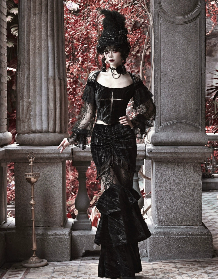 BLOOD SUPPLY - Duchess - Gothic Lolita Velvet Mermaid Skirt with Layered Frills - product detail 4