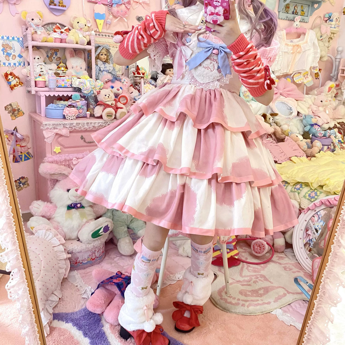 Tata Long Ear - Milk Cake Cow Print - Cow-Print JSK Dress with Three-Section Skirt