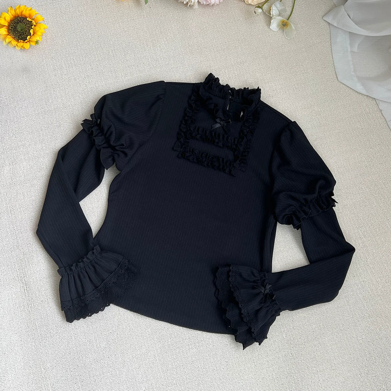 With PUJI - Wind Floc - Classic Lolita Top, Ruffle Trim & Stand Collar detail view 9