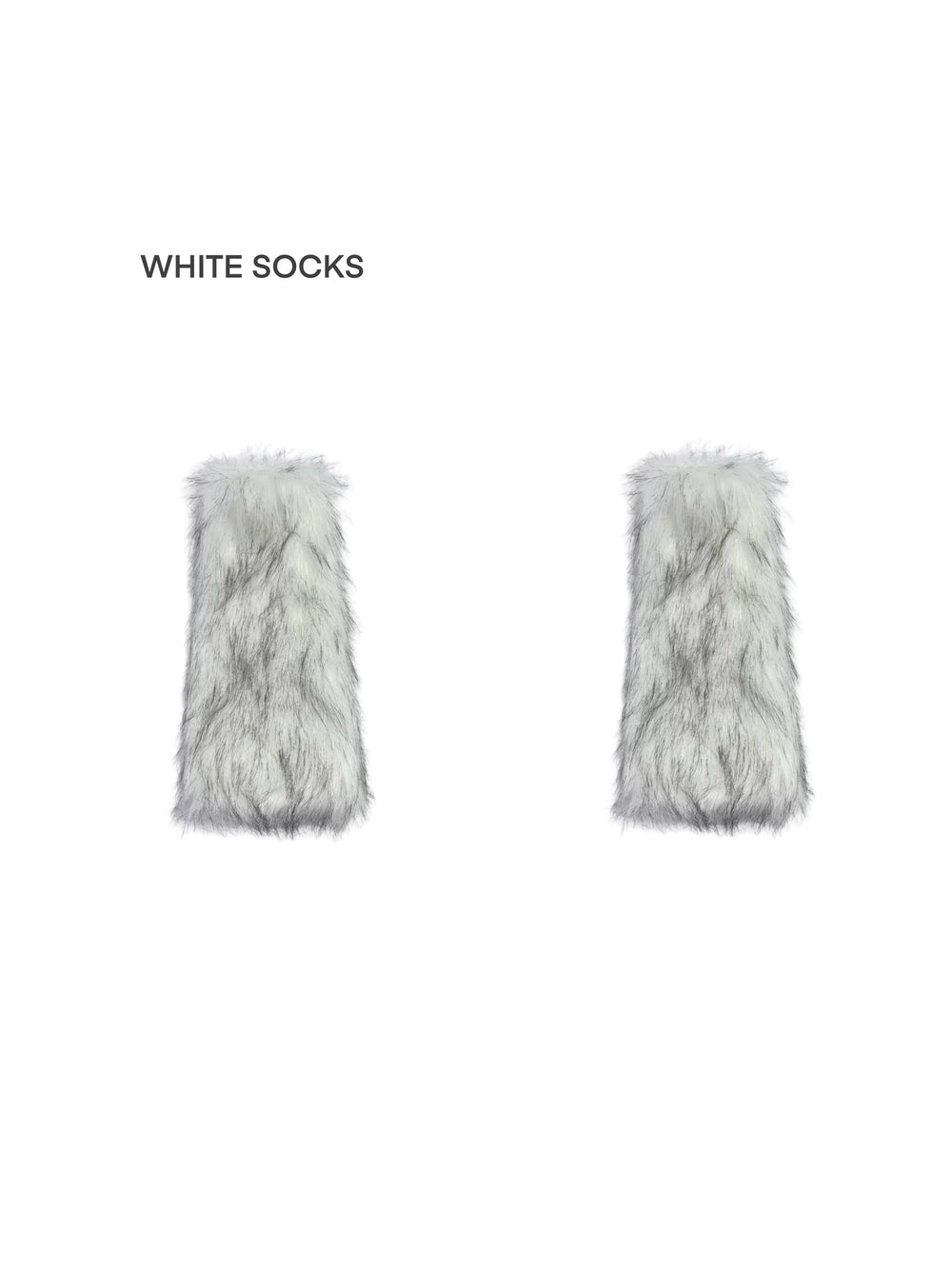 White and brown faux-fur leg warmers styled with a silver skirt and pointed shoes.