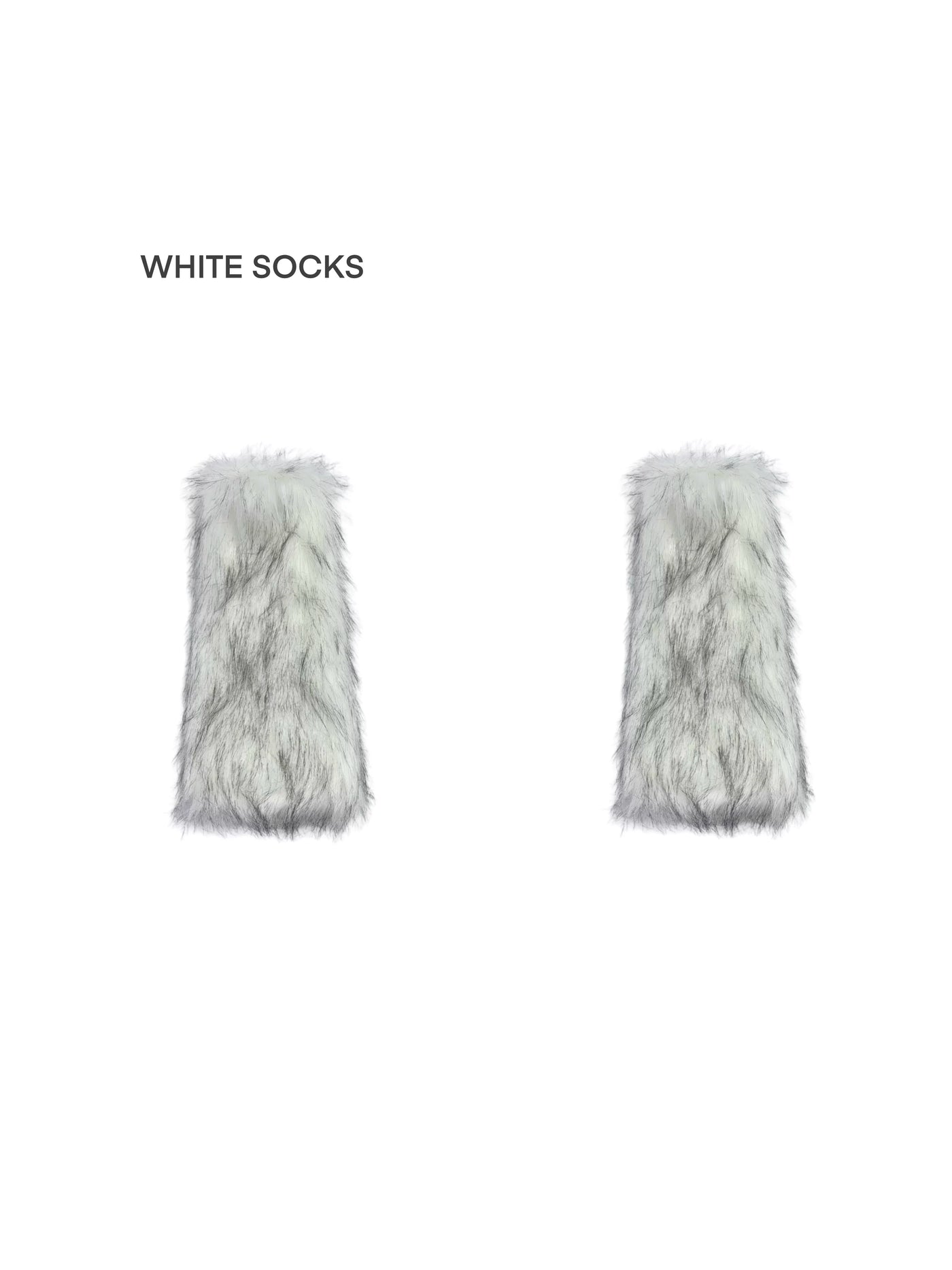White and brown faux-fur leg warmers styled with a silver skirt and pointed shoes.
