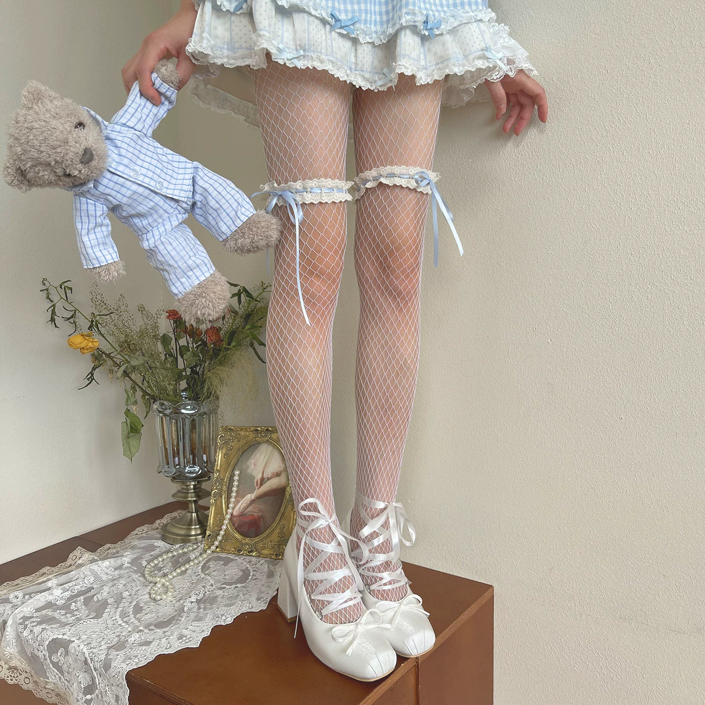 Sock Noble - Baby Blue Ballet - Fishnet Tights with Lace and Ribbon Bows