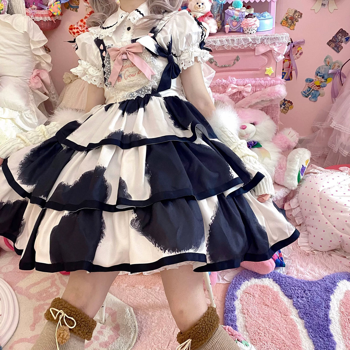Tata Long Ear - Milk Cake Cow Print - Cow-Print JSK Dress with Three-Section Skirt
