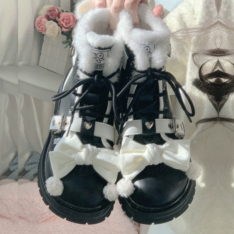 Plush Battle 2.0 Bow Fleece-Lined Lolita Winter Boots — Black & White