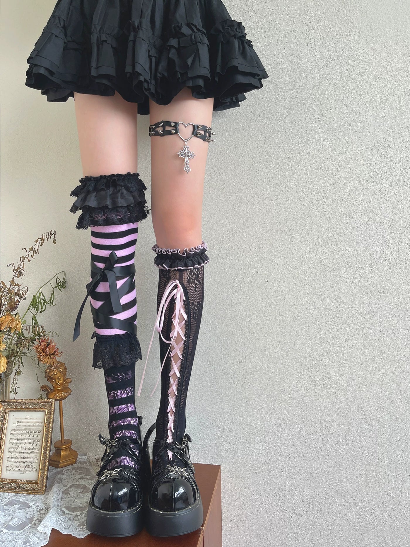Sock Noble - Pink-Black Gothic - Lace-Trim Sock and Leg Ring Options