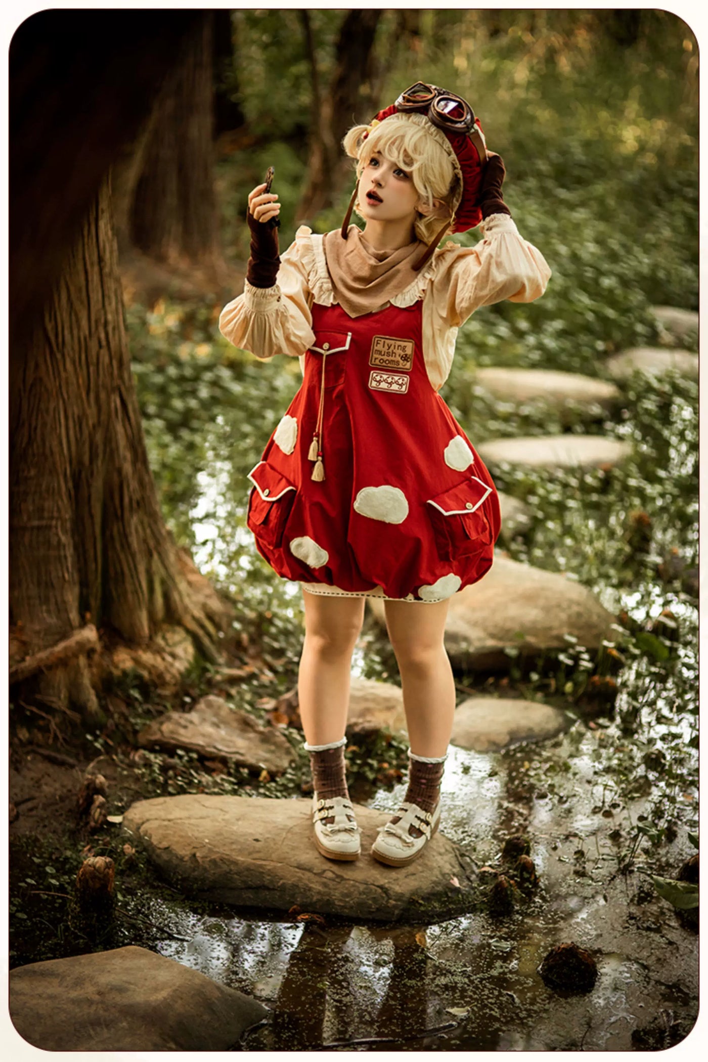 Baozi Pig - Flying Mushroom - Red JSK with white appliqué patches