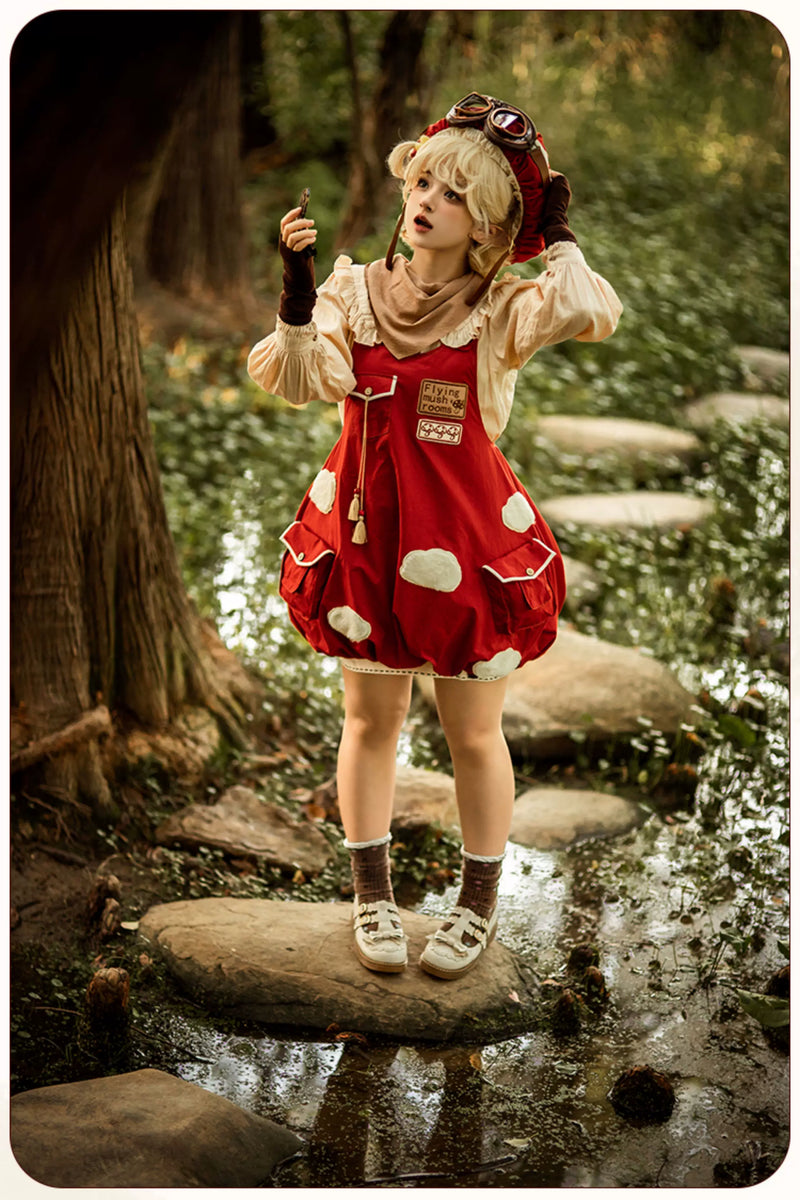 Baozi Pig - Flying Mushroom - Red JSK with white appliqué patches