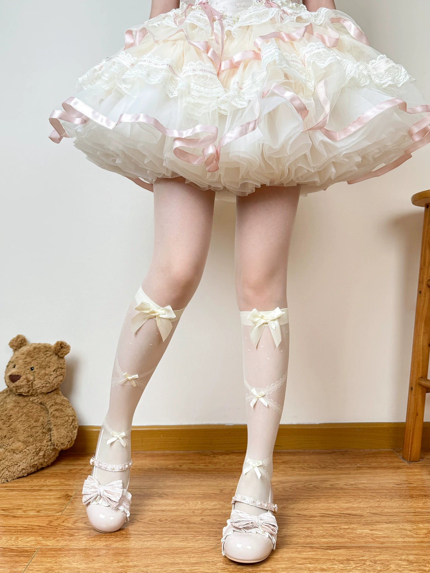 Chubby Bear Tales - Love Letter Ballet - Mid-Calf Socks with Lace and Bow Details