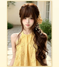 Kunkun Fish - Girlhood Wish - chocolate-brown long curled wig - Classic side-tied style [pre-braided, chocolate brown] + wig net