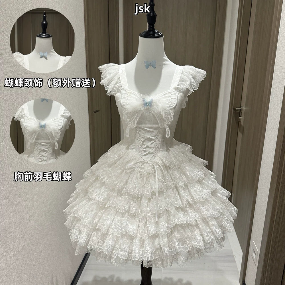 Front view of white sweet lolita short OP dress with tiered ruffled skirt and puffed short sleeves