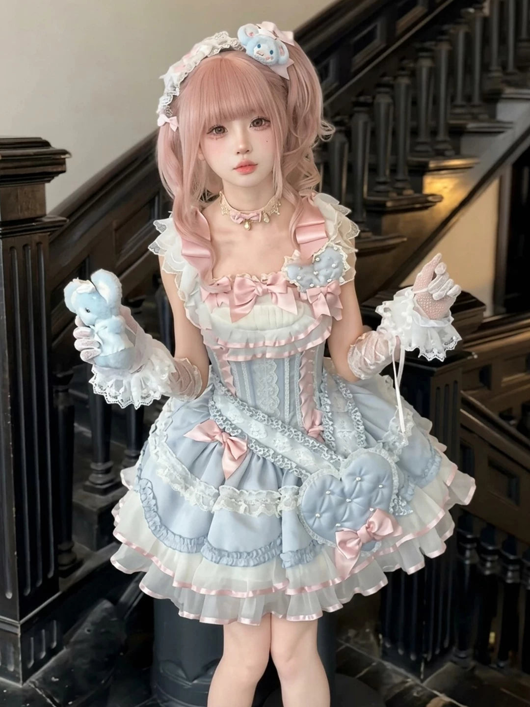 Creamy - Blue Ribbon Heart - Blue JSK Dress with Matching Sash and Large Heart Detail