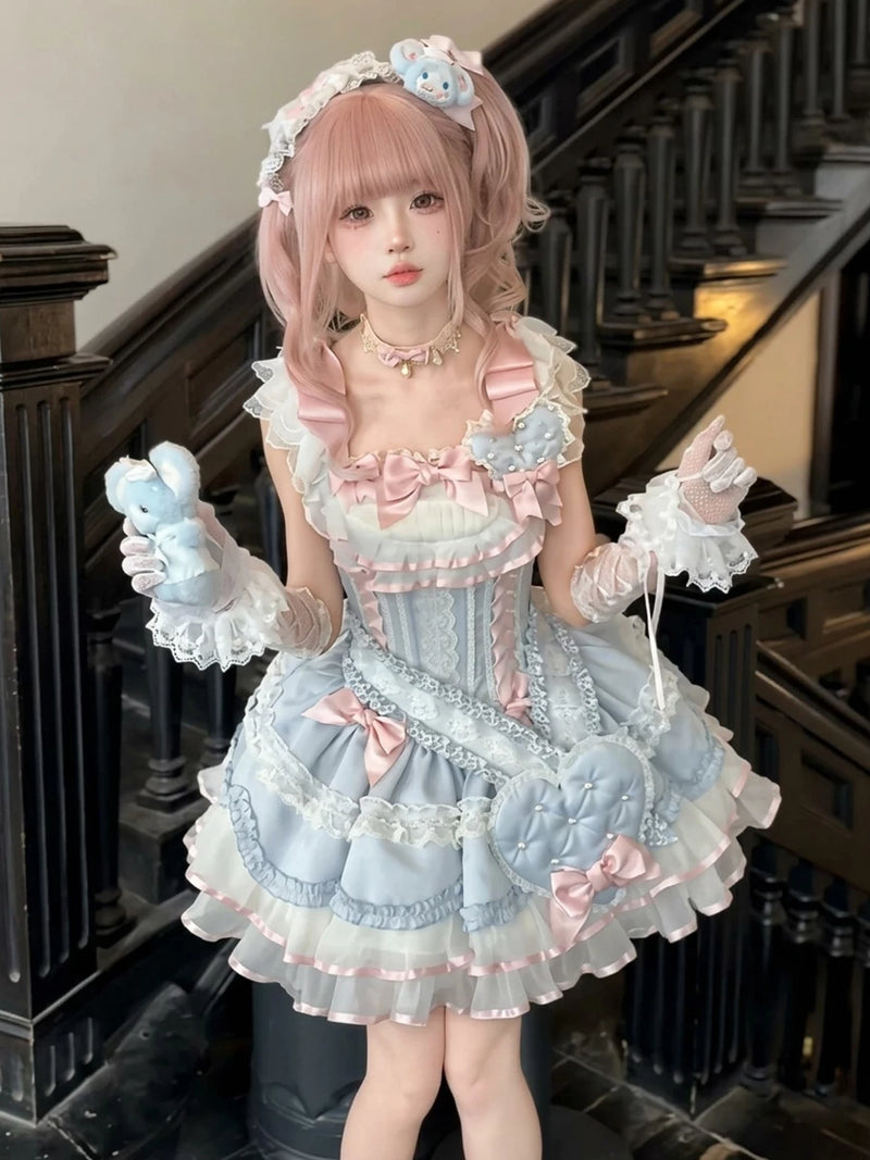 Creamy - Blue Ribbon Heart - Blue JSK Dress with Matching Sash and Large Heart Detail